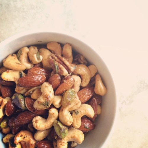 spiced mixed nuts with brown sugar + rosemary butter | via she likes to eat